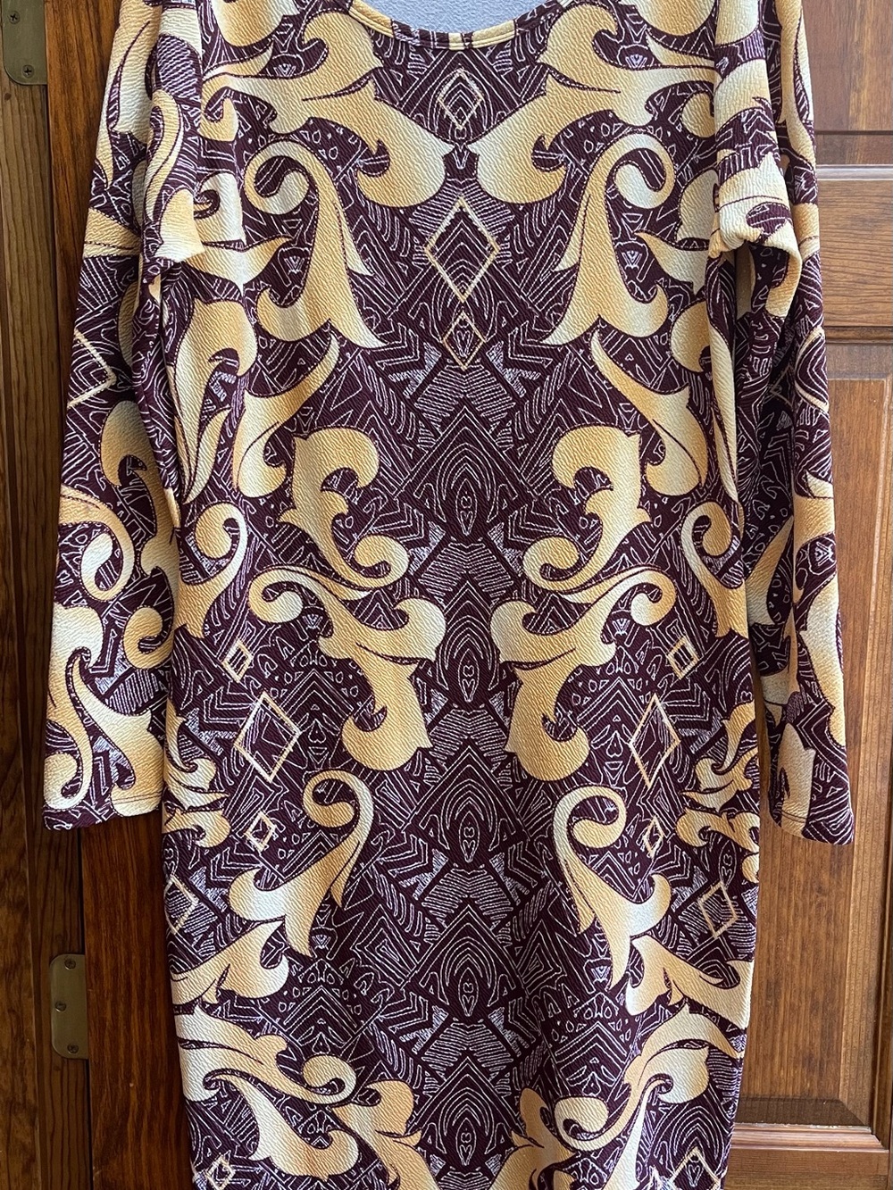 LuLaRoe Long Sleeve Dress in Burgundy and Cream Scroll Pattern